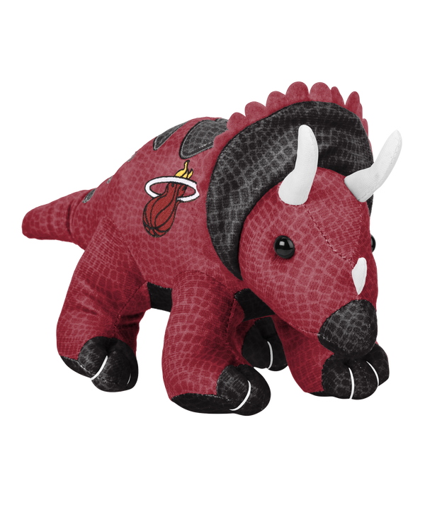 The Forever Collectibles Miami HEAT Triceratops Plushie is a 10-inch red and black polyester dinosaur toy with white horns, a team logo on its side, and is surface washable for easy care.