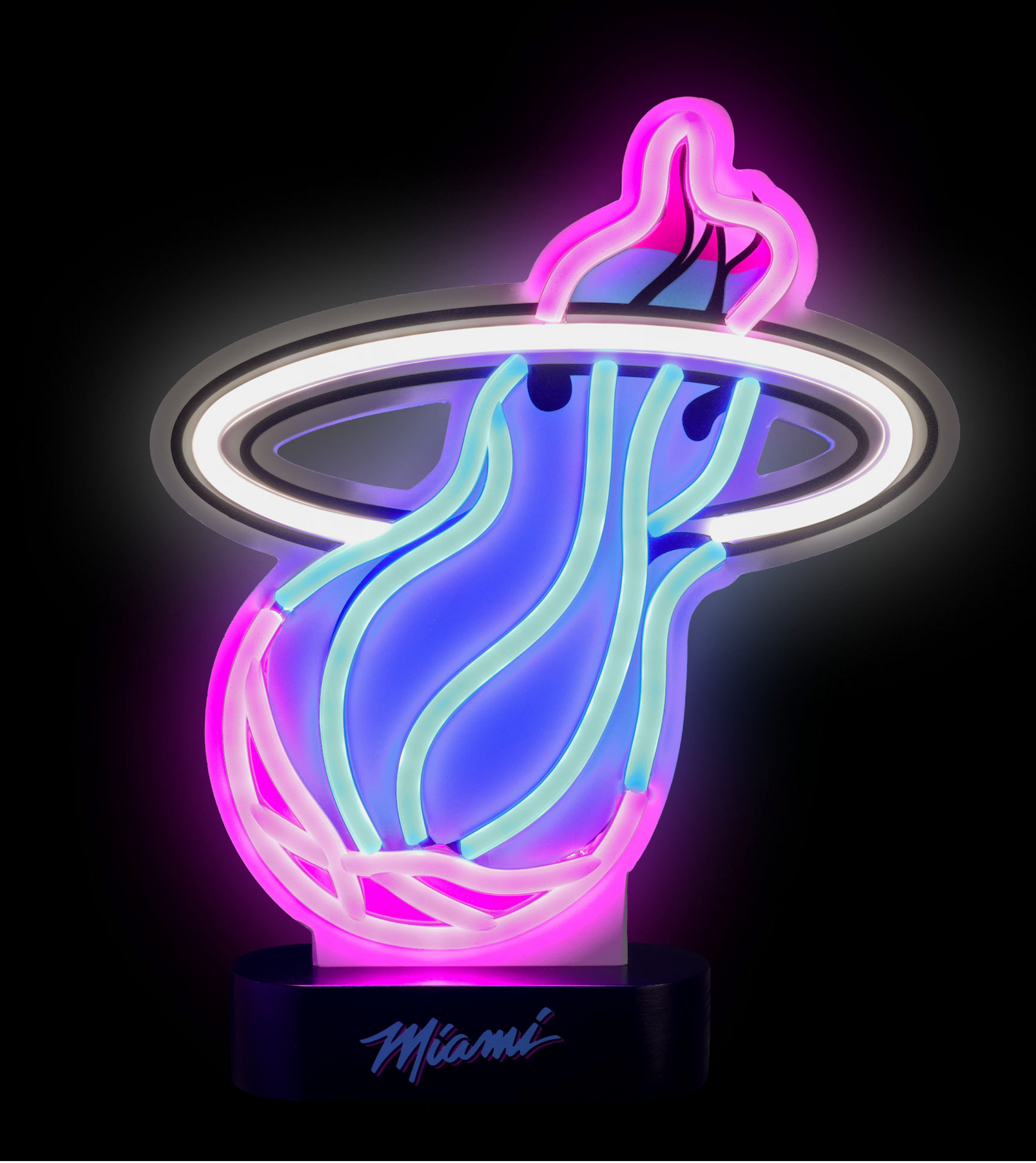 The Miami HEAT Original Vice Table Top Neon Sign by Forever Collectibles features a neon acrylic flaming basketball in blue, pink, and purple with a white ring on a black base labeled Miami, set against a black background.