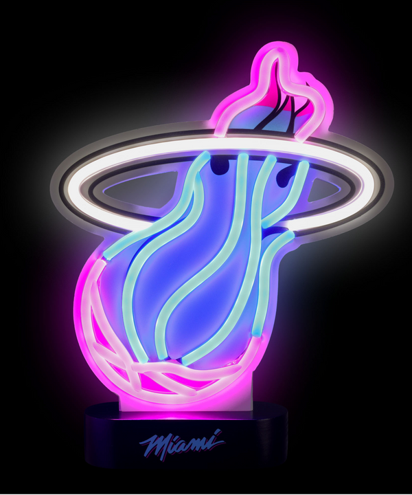 The Miami HEAT Original Vice Table Top Neon Sign by Forever Collectibles features a blue and pink flame with a black ring on a black base, 