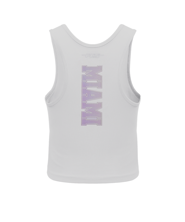 The Pro Standard Miami HEAT Hologram Women's Tank is a white cropped, standard-fit top with a light pink team logo on the front, crafted from a cotton-polyester-spandex blend. Brand: Pro Standard. Shown on a plain white background.