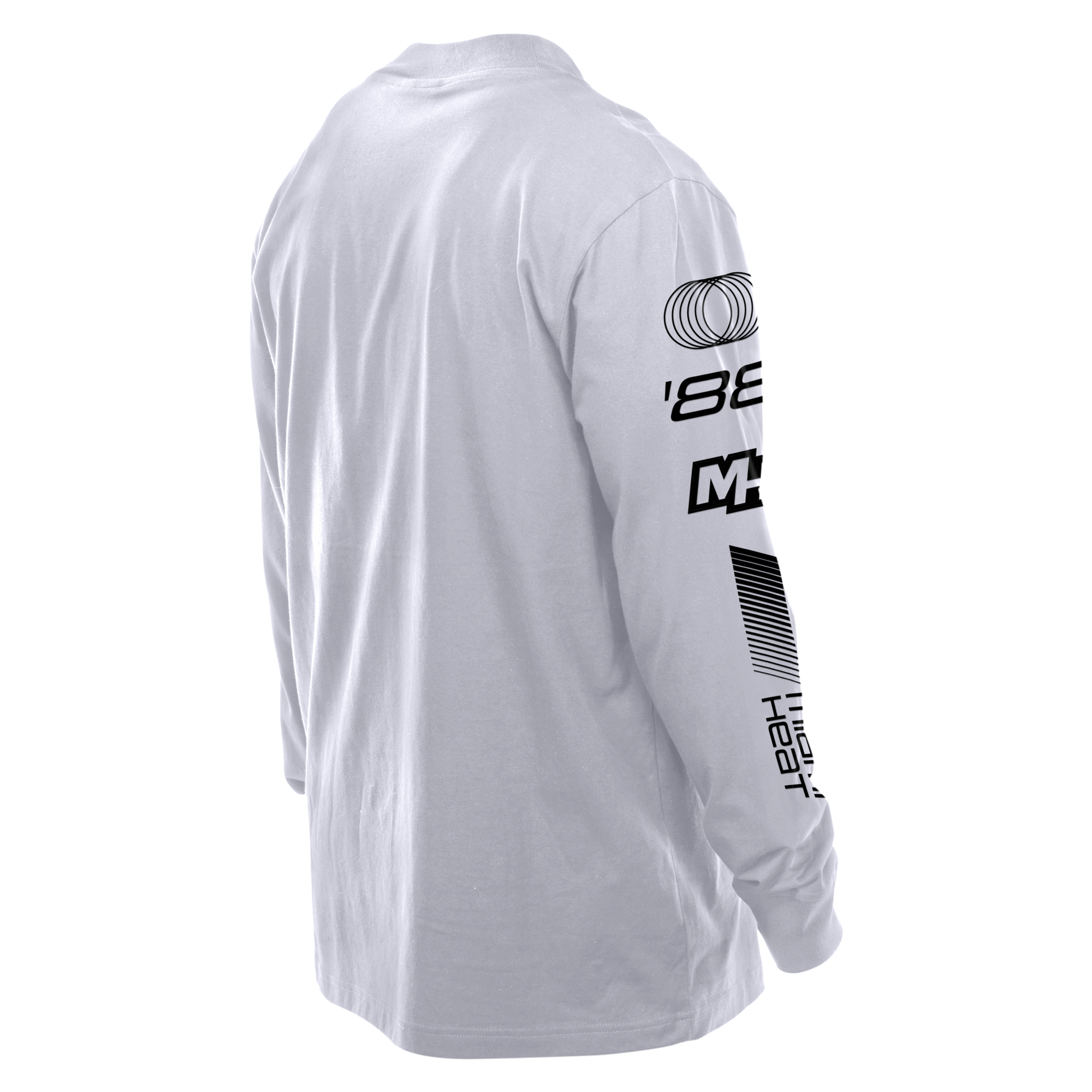 White long-sleeve Miami HEAT mock tee with black graphic text on sleeve and shoulder. - New Era Miami HEAT Race Mock Tee