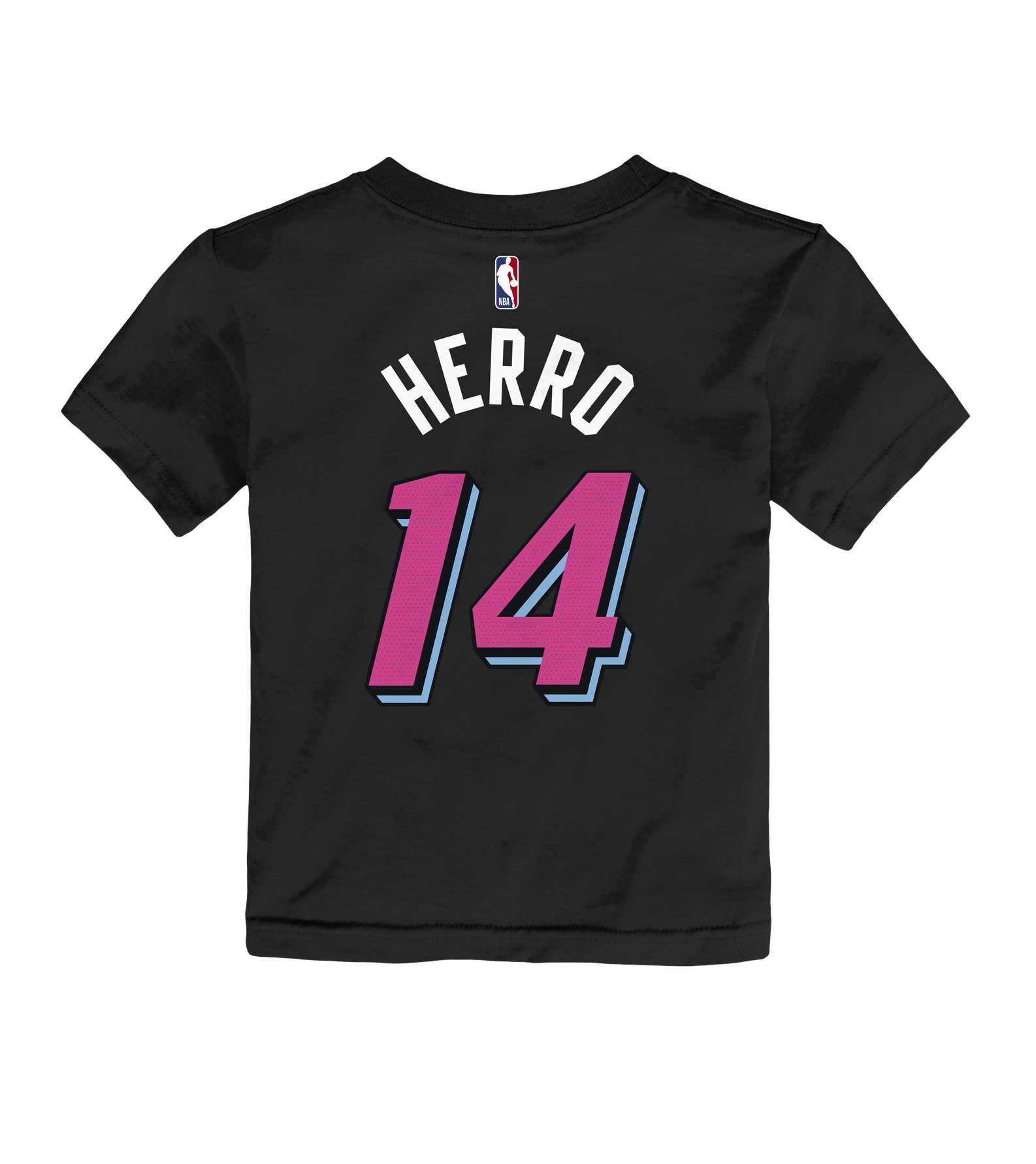The Nike Tyler Herro Original Vice Nights Kids Name & Number Tee features HERRO in white above a pink and blue number 14, NBA logo on the back, standard fit, and easy care—just machine wash cold.