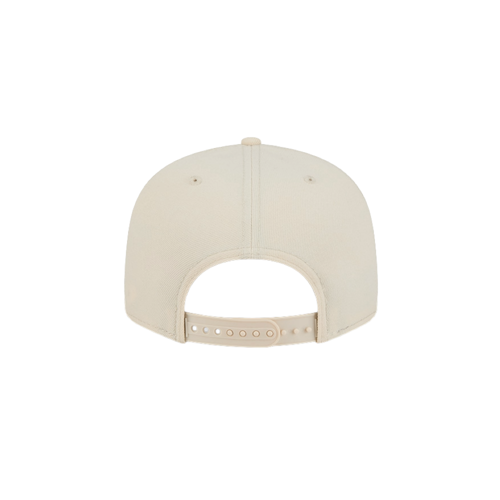 The New Era Miami HEAT Beige Color Pack Snapback is a beige polyester cap shown from the back, featuring six-panel stitching and a plastic adjustable strap. One size fits most. The background is plain white.