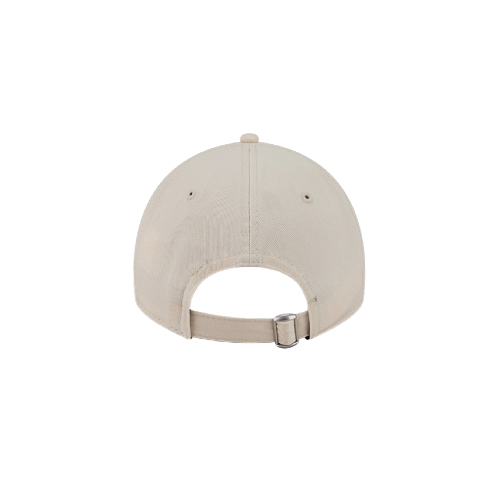 The New Era Miami HEAT Micro Logo Dad Hat, shown from the back, is a beige cotton baseball cap with an adjustable strap and metal buckle. One size fits most. Spot clean only. Displayed against a plain white background.