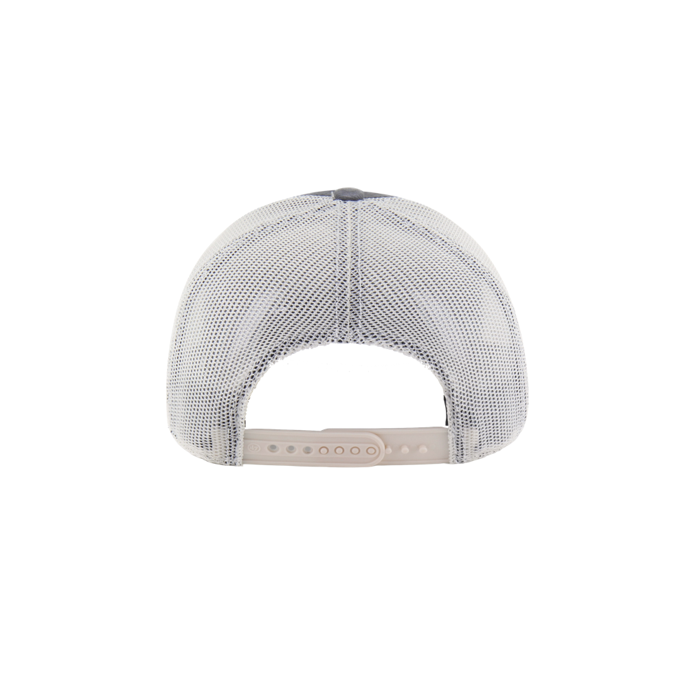 A back view of the '47 Brand Miami HEAT Salvage Trucker Snapback, featuring a mesh construction, adjustable plastic snap closure, and polyester back panel, set against a plain white background.