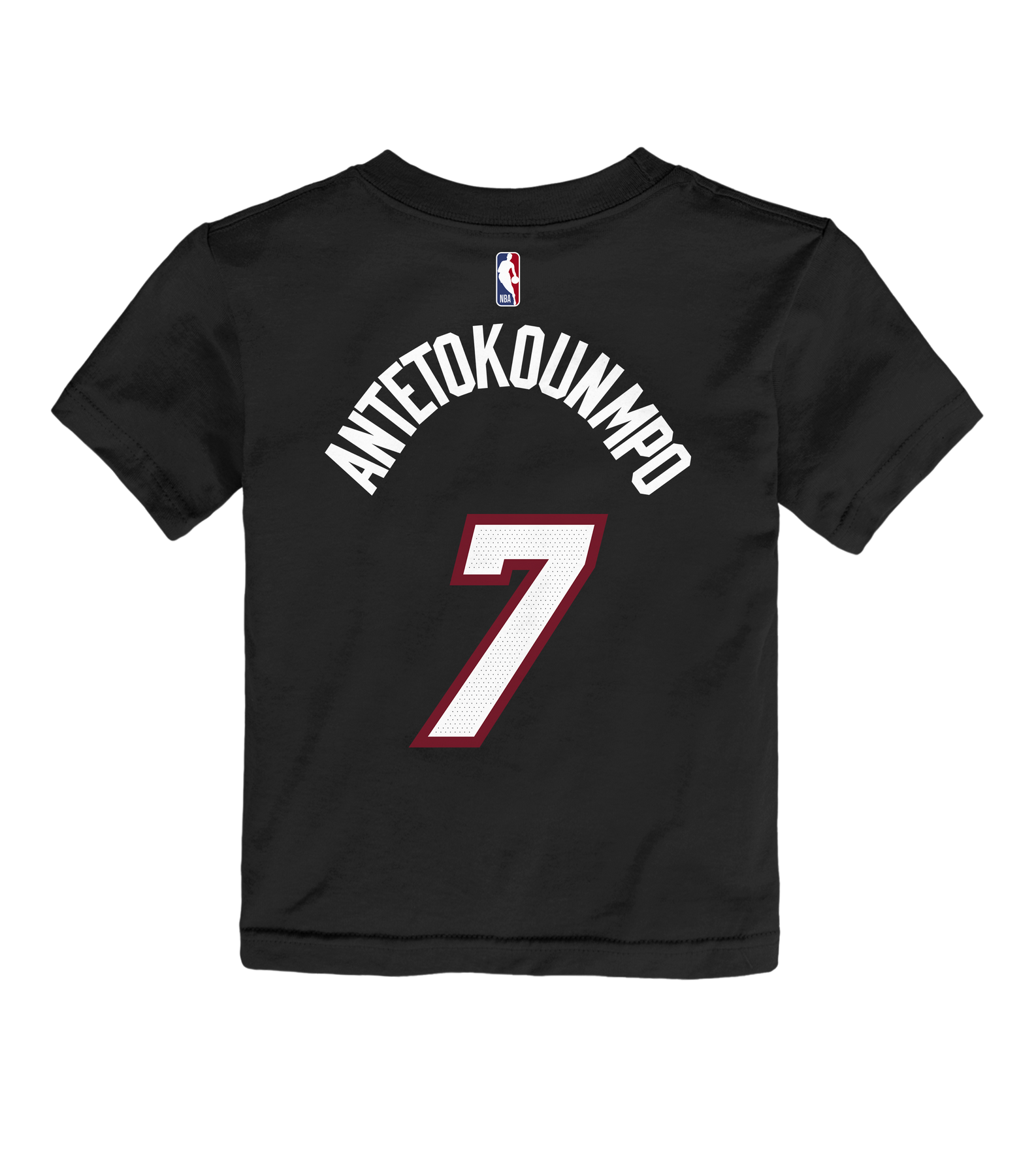 The Nike Miami HEAT Icon Black Name & Number Toddler Tee features a stylish NBA jersey-inspired design with “Antetokounmpo” and the number 7 in bold white and red on the back. Made from 100% cotton for comfort, this standard-fit tee also displays the official NBA logo on the upper back collar. For best results, machine wash cold.