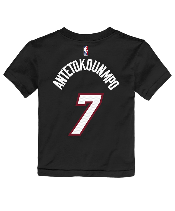 Introduce your toddler to standout basketball style with the Giannis Antetokounmpo Nike Miami HEAT Icon Black Name & Number Toddler Tee. This classic black Nike t-shirt showcases bold white and red “MIAMI” lettering and features the number 7 on the front. Crafted from 100% cotton for a standard fit and everyday comfort, it’s easy to care for with machine wash cold instructions.