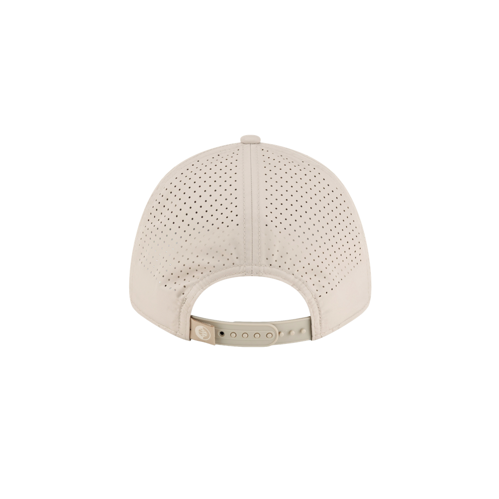 Back view of a light beige perforated polyester Court Culture x New Era Oolite Snapback in one size fits most.