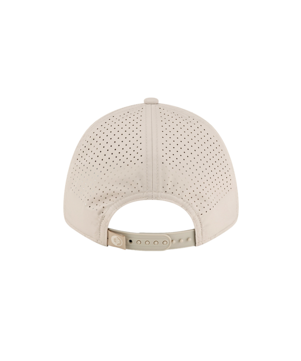 Court Culture x New Era Mesh Stone Logo Cap in beige polyester, featuring a monochromatic Miami Heat logo embroidered on the front and a circular sticker on the brim.