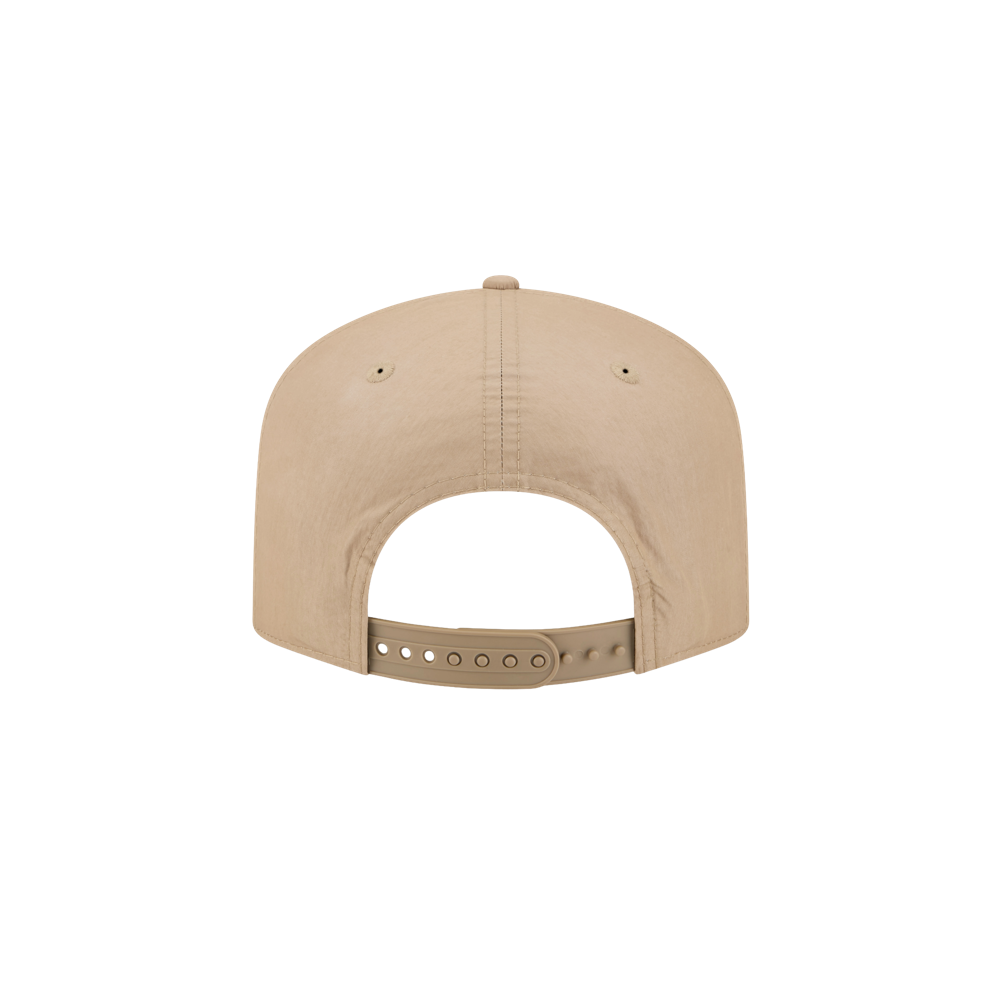 The New Era Miami HEAT Nylon Tan Snapback features a pre-curved visor, adjustable snapback closure, and side ventilation holes. One size fits most. Shown from the back on a plain white background.