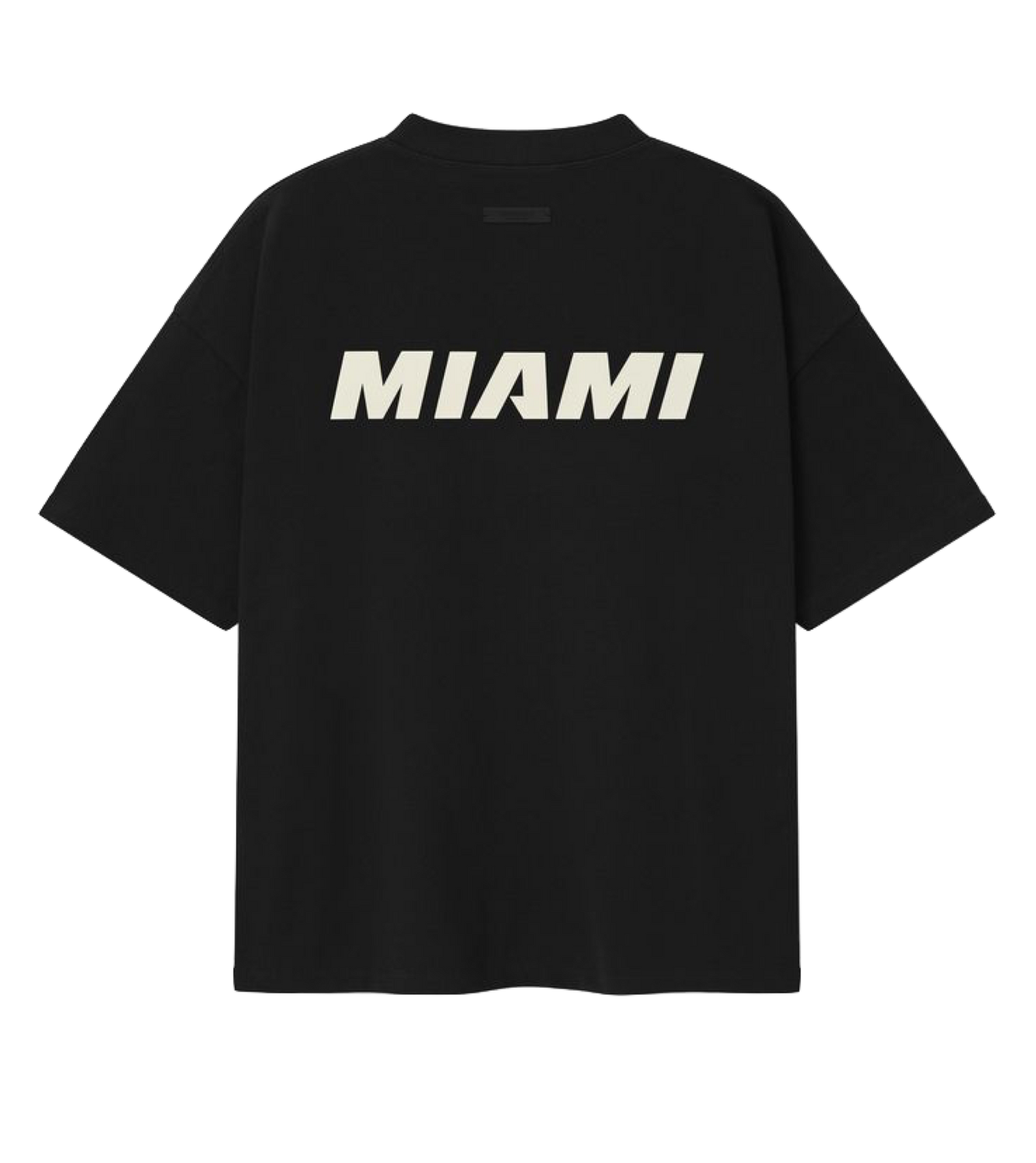 The Fear Of God Essentials Miami HEAT Tee is a black cotton short-sleeve shirt with bold MIAMI lettering across the back, laid flat to showcase its classic '90s oversized style.