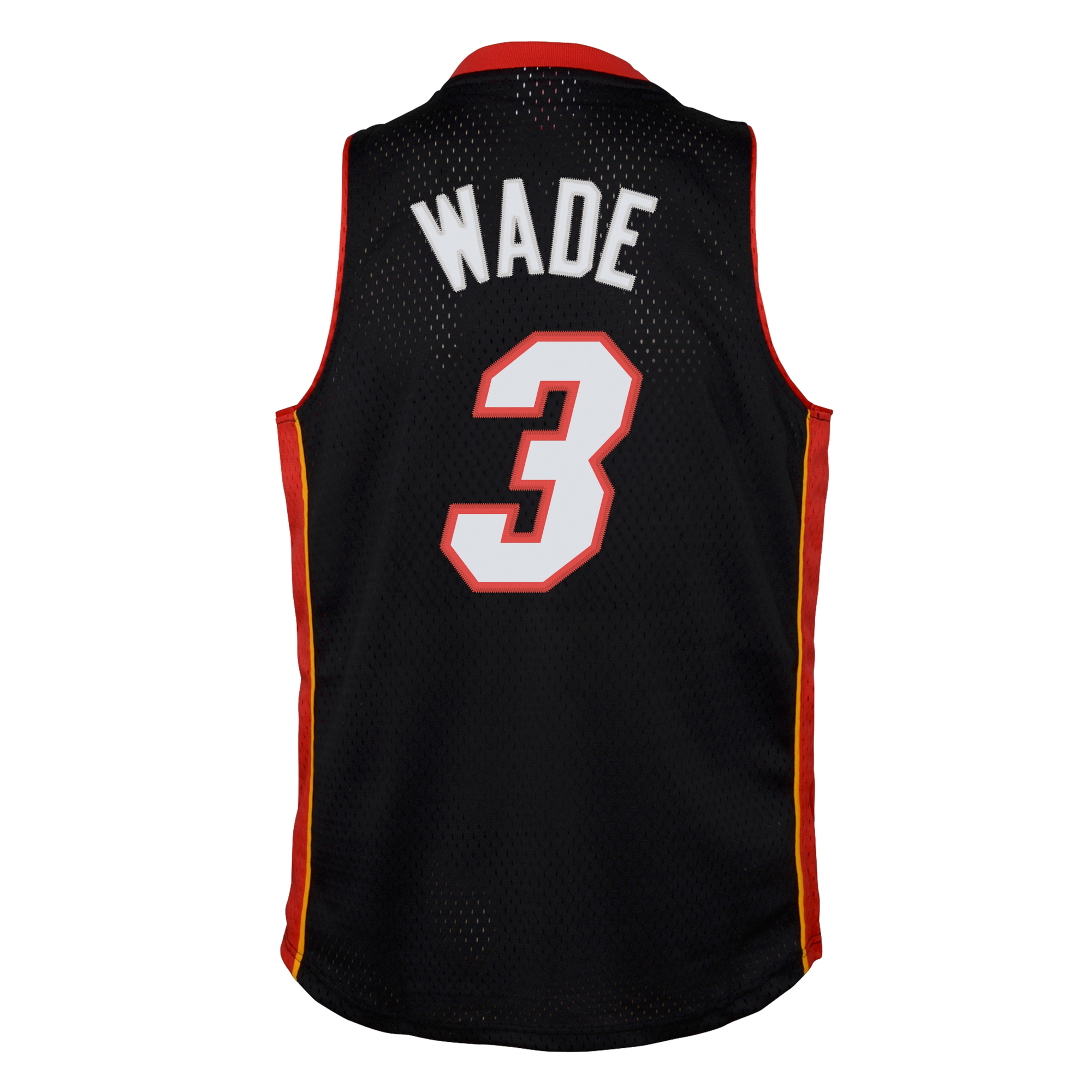 The Mitchell & Ness Dwyane Wade Miami HEAT 2012-13 Toddler Swingman Jersey features black fabric with red and yellow trim, WADE and number 3 in white with red outline—a classic tribute to championship history.