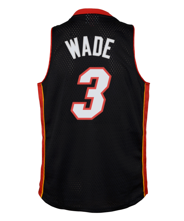 The Mitchell & Ness Dwyane Wade Miami HEAT 2012-13 Toddler Swingman Jersey features black fabric with red and yellow accents, “MIAMI” in bold letters, #3 on the front, and celebrates the HEAT’s NBA championship legacy.