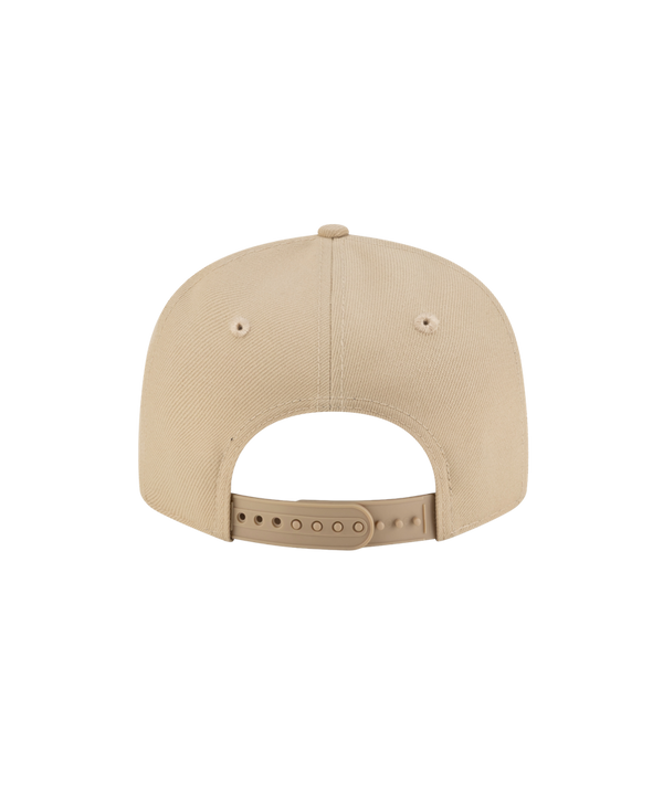 The New Era Miami HEAT Tan Youth Snapback is a beige polyester hat with a flat brim and an embroidered team logo on the front. It's one size fits most, easy to spot clean, and displayed against a plain white background.