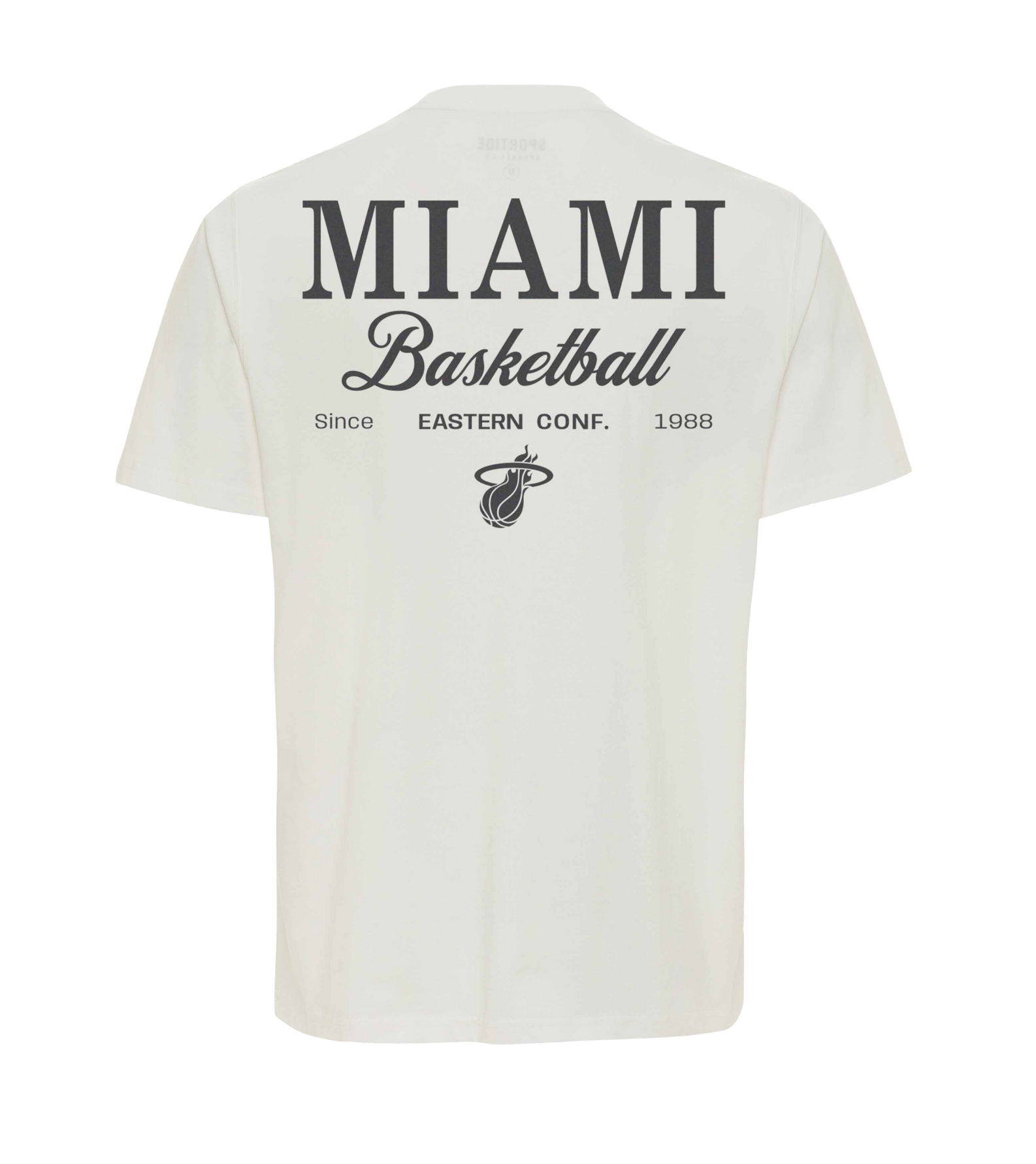 Back view of the Sportiqe Miami HEAT Basketball Duke Tee in white, featuring large black 