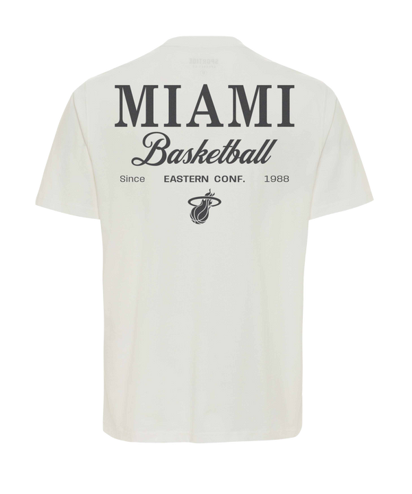 The Sportiqe Miami HEAT Basketball Duke Tee is a plain white, short-sleeve 100% cotton shirt with a small black Miami Heat logo on the left chest. Featuring a crew neck and standard fit, it’s comfortable and machine washable.