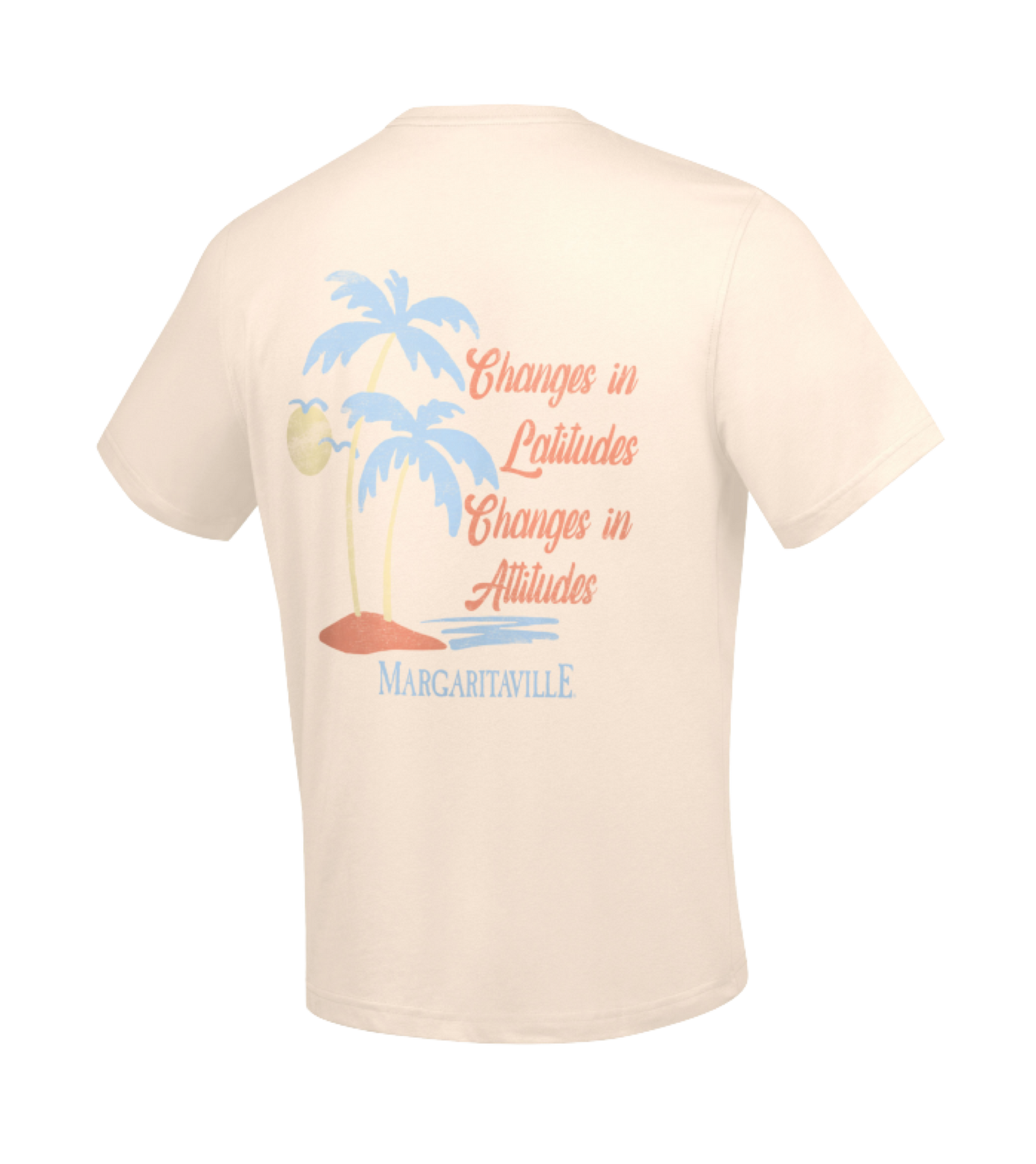 The G-III Sports Miami HEAT Margaritaville Tee is a beige, standard-fit cotton-poly blend shirt with a back design of blue palm trees, a yellow sun, and red island. Features the text “Changes in Latitudes, Changes in Attitudes” and “MARGARITAVILLE.”.