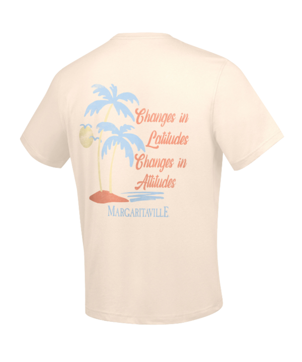 The G-III Sports Miami HEAT Margaritaville Tee is a standard fit off-white short-sleeve t-shirt with a small Miami Heat logo on the left chest, made from a cotton-polyester blend. Machine wash cold recommended.