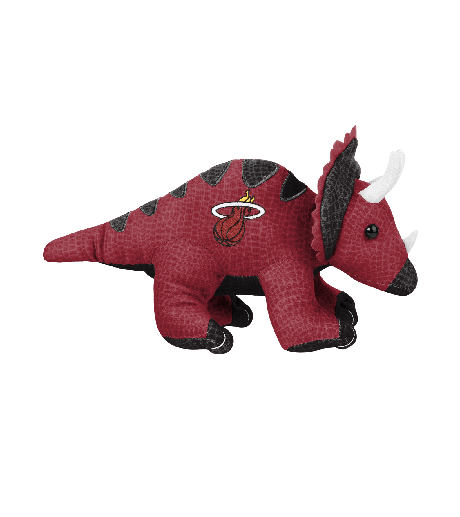 The Miami HEAT Triceratops Plushie by Forever Collectibles is a 10-inch red and black polyester toy featuring the team logo, set against a plain white background. Surface washable for easy cleaning.