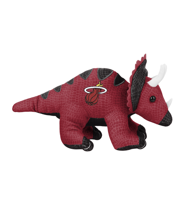 The Forever Collectibles Miami HEAT Triceratops Plushie is a 10-inch red and black polyester dinosaur toy with white horns, a team logo on its side, and is surface washable for easy care.