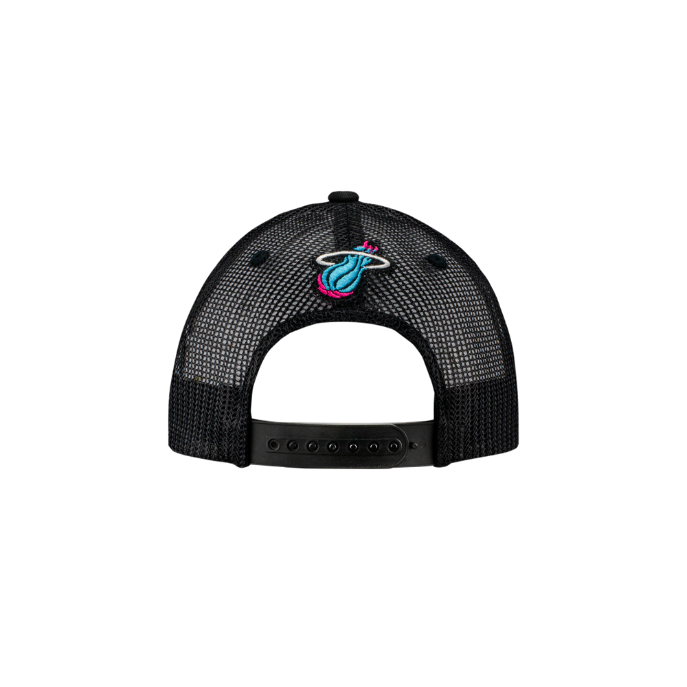 Back view of the Item Of The Game Miami HEAT Original Vice Nights Wordmark Trucker Snapback, a black mesh cotton-polyester cap with adjustable snap closure and embroidered team logo. One size fits most; spot clean recommended.