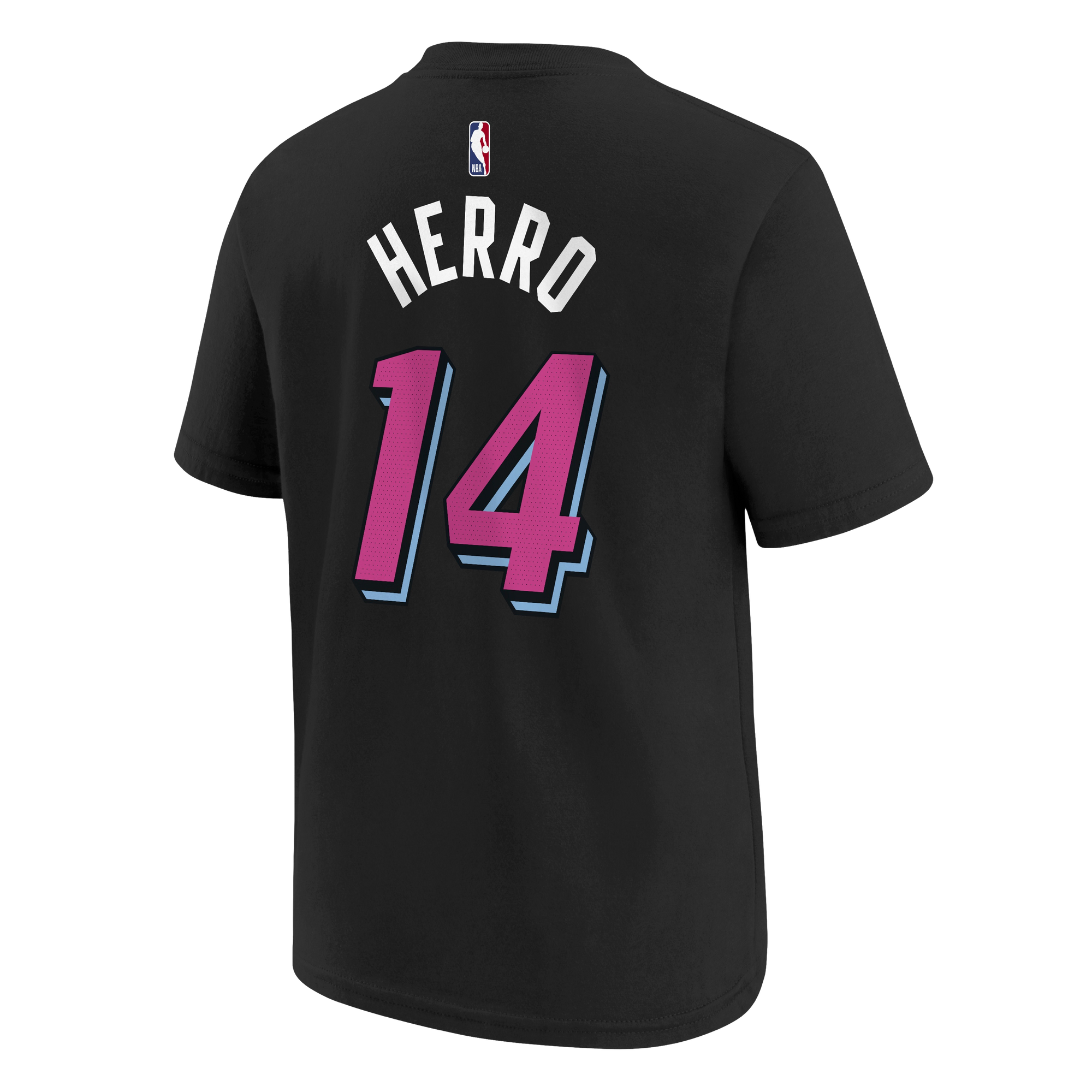 The Nike Tyler Herro Original Vice Nights Youth Tee is a black cotton shirt with HERRO and 14 in pink and blue on the back, plus an NBA logo by the collar. This standard fit tee is machine washable for comfort and easy care.