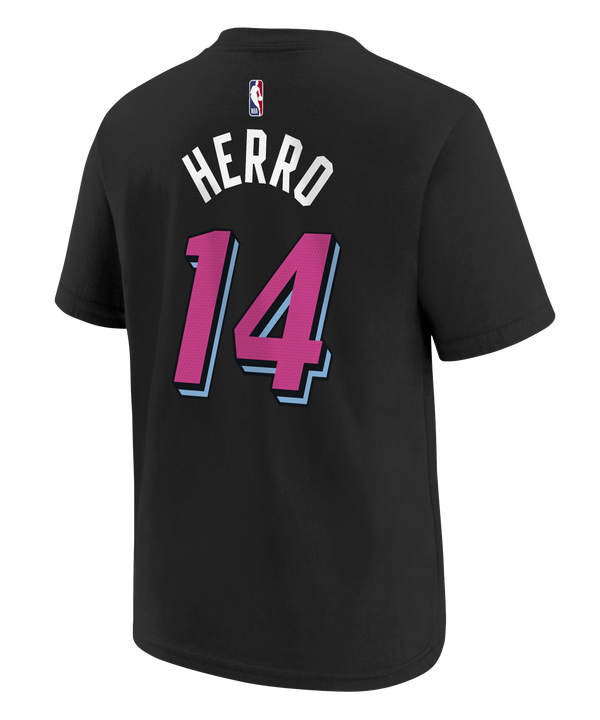 The Nike Tyler Herro Original Vice Nights Youth Tee is a black, standard fit cotton t-shirt with “Miami” in pink and blue script, the number 14 below, and a small blue Nike logo. Machine washable for easy care.