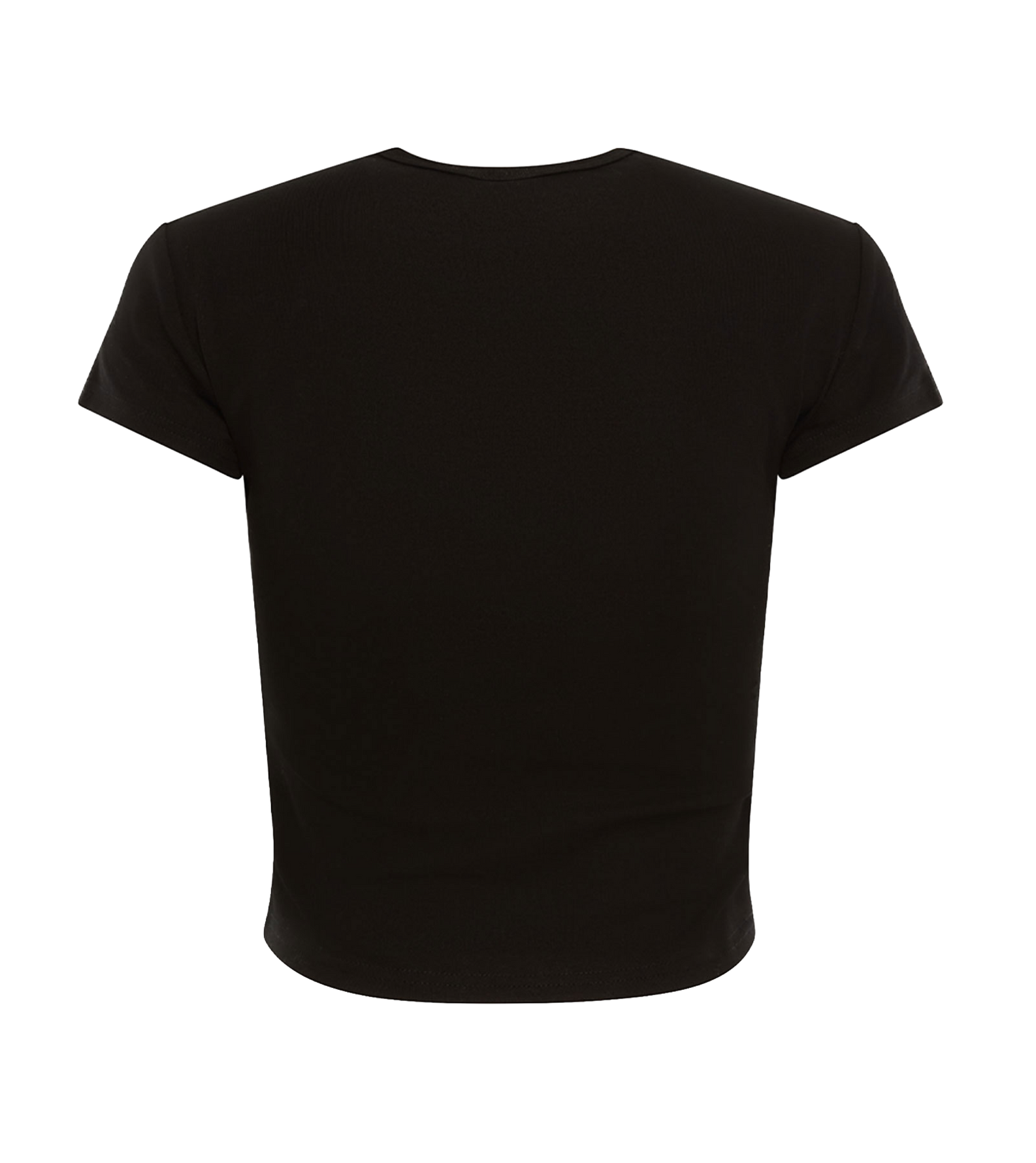 The Court Culture x Hype and Vice Beaded Logo Baby Tee by Court Culture is a comfortable cotton cropped short-sleeve t-shirt in plain black, shown from the back and displayed against a white background.
