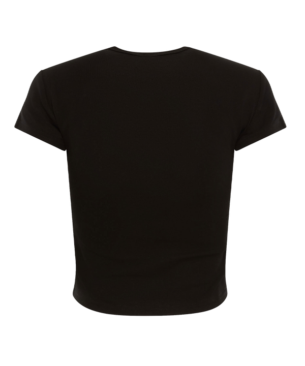 The Court Culture x Hype and Vice Beaded Logo Baby Tee by Court Culture is a black, short-sleeve cropped top featuring the Miami Heat logo crafted from sparkling rhinestones in red and yellow on the chest. Made from soft, machine-washable cotton spandex fabric, this stylish baby tee offers both comfort and flair for Heat fans.