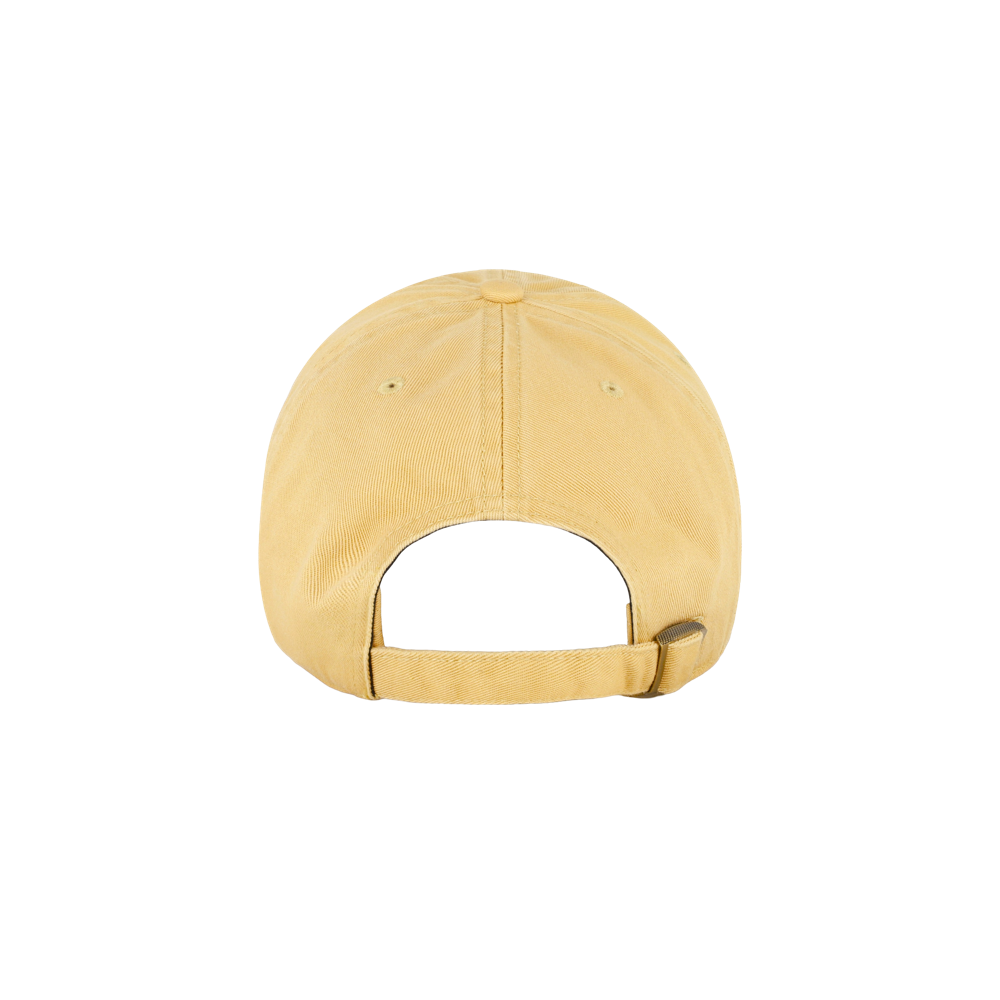 The '47 Brand Miami HEAT Tan Cleanup Dad Hat, shown from the back, features an adjustable strap with a metal clasp. One size fits most; spot clean recommended. Set against a plain white background.