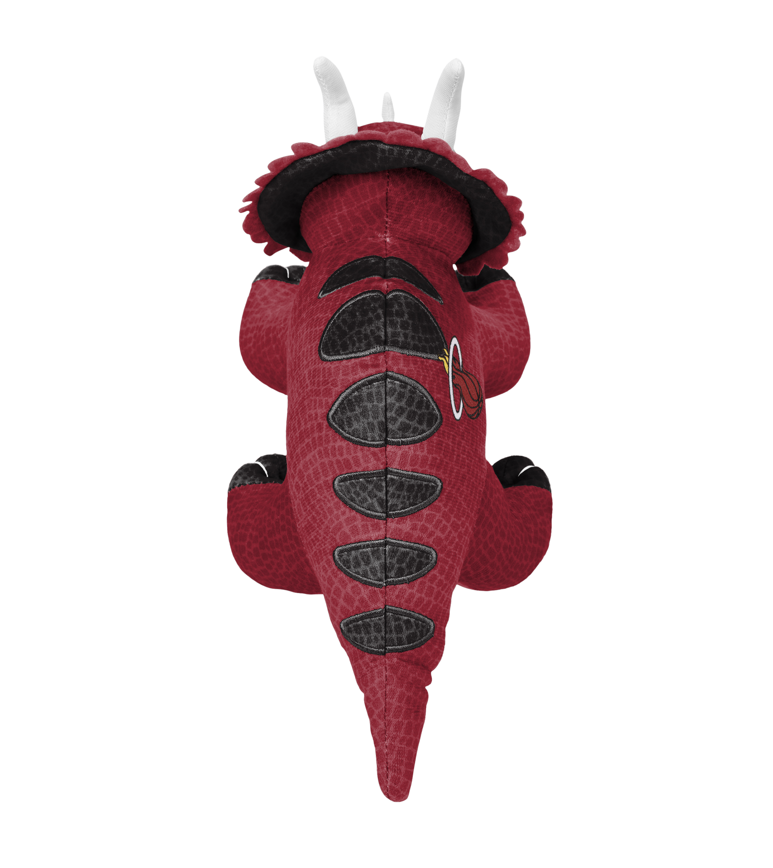 The Miami HEAT Triceratops Plushie by Forever Collectibles is a 10-inch red and black dinosaur with white horns, black frill, and scale pattern. Made of soft polyester fiber, it's surface washable. Seen from above on a white background.