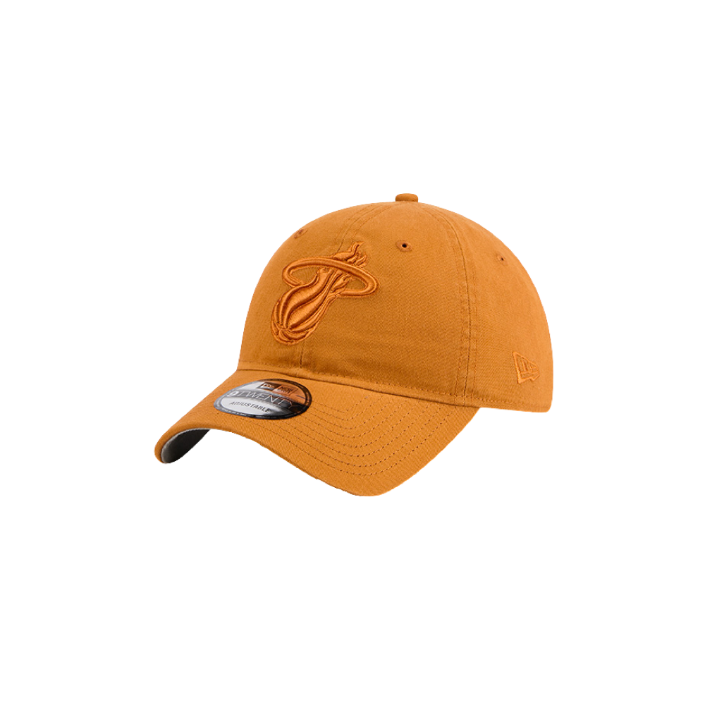 Tan New Era dad hat with embroidered Miami HEAT logo and adjustable strap. - New Era Miami HEAT Adjustable Tan Dad Hat
