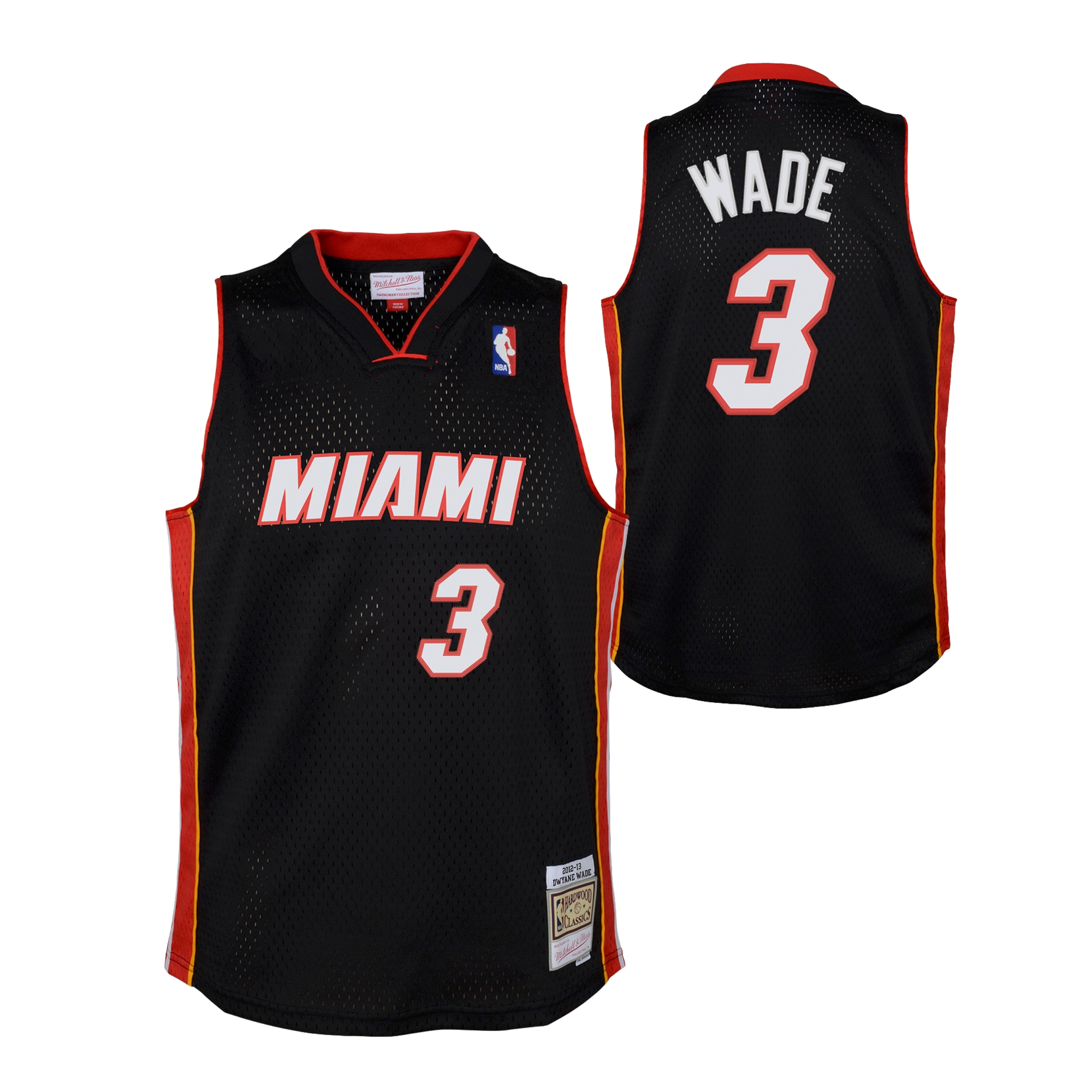 The Dwyane Wade Mitchell & Ness Miami HEAT 2012-13 Kids Swingman Jersey features WADE and number 3, with MIAMI on the front, celebrating the Heat’s championship run. Brand: Mitchell & Ness.