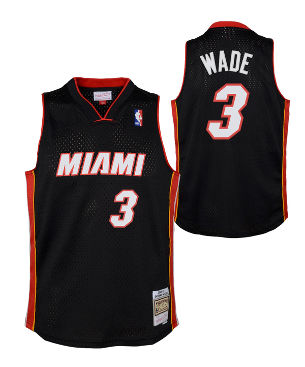 The Mitchell & Ness Dwyane Wade Miami HEAT 2012-13 Toddler Swingman Jersey features black fabric with red and yellow accents, “MIAMI” in bold letters, #3 on the front, and celebrates the HEAT’s NBA championship legacy.