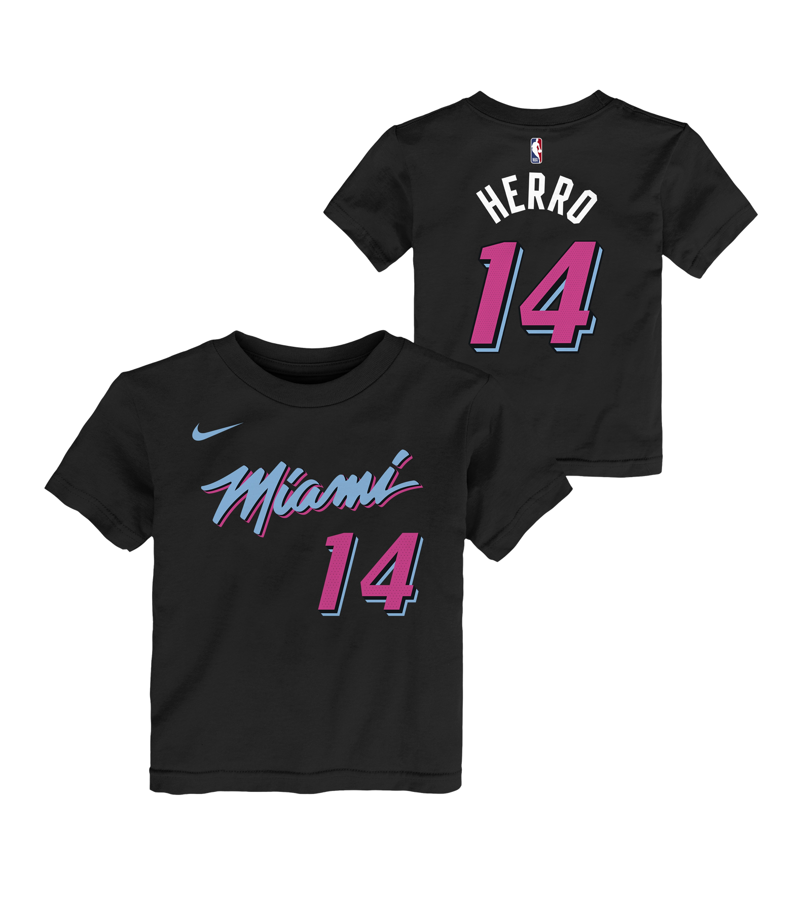 The Nike Tyler Herro Original Vice Nights Toddler Tee features “Miami” and 14 in pink and blue on soft black cotton, with “Herro” and 14 on the back. Standard fit, machine washable.