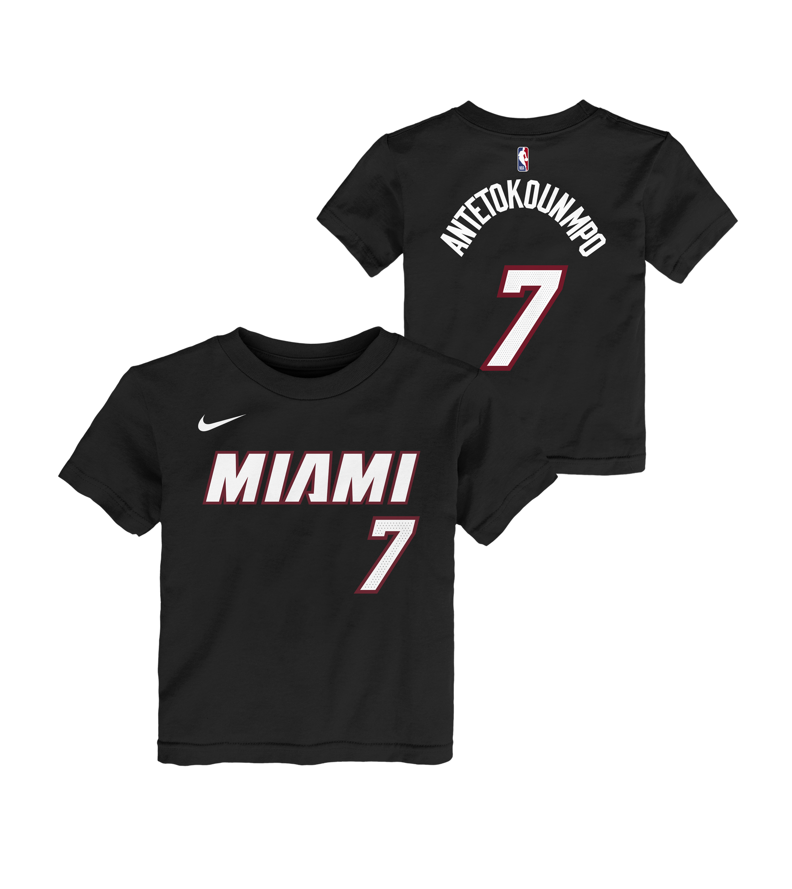 Here’s a rewritten product description using your data: Get two Giannis Antetokounmpo Nike Miami HEAT Icon Black Name & Number Toddler Tees, crafted from 100% cotton for a comfortable, standard fit. These black Nike shirts feature “MIAMI” and the number 7 on the front alongside the iconic white Nike logo, while the back displays “ANTETOKOUNMPO” with the number 7 beneath. Easy to care for—just machine wash cold to keep them looking fresh.