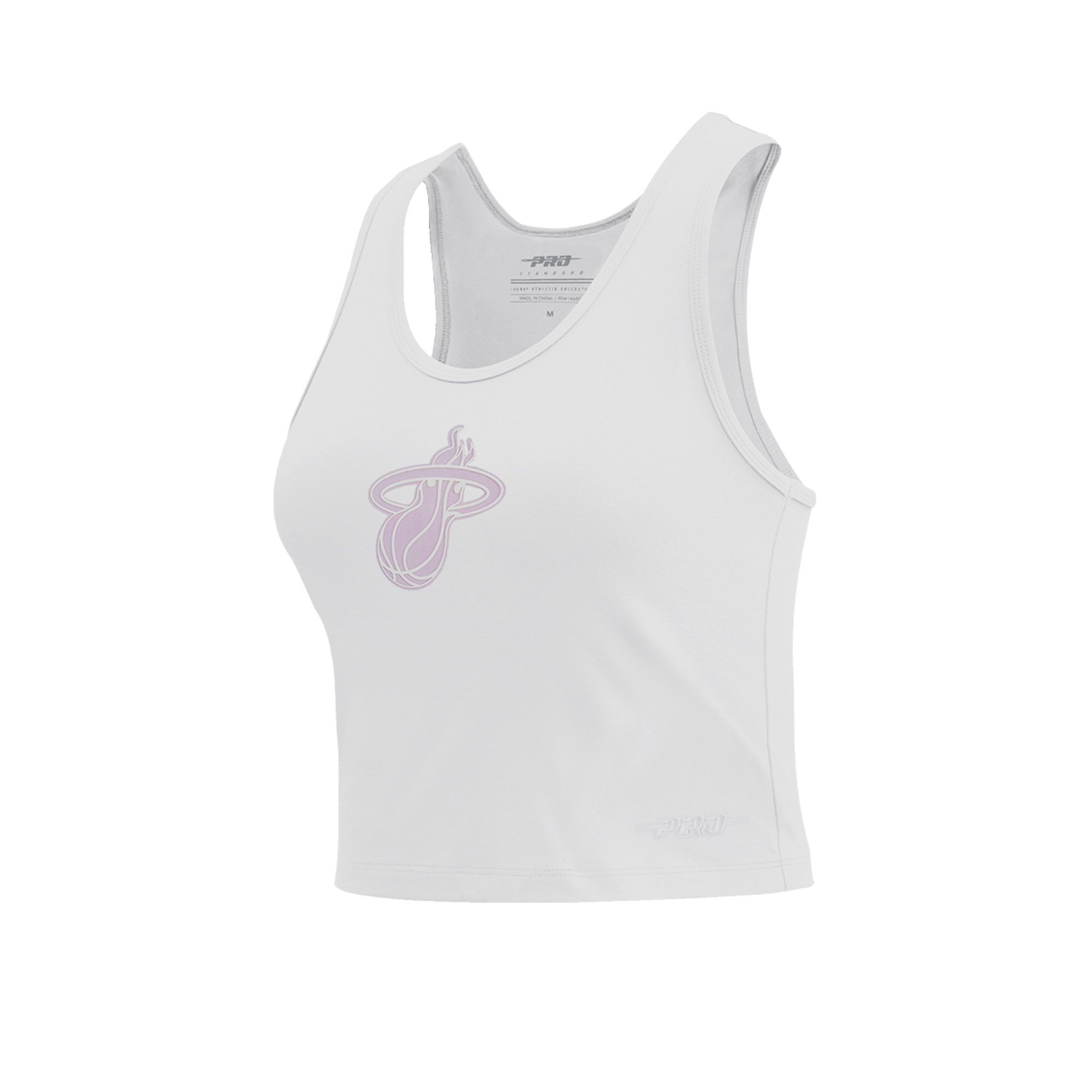 The Pro Standard Miami HEAT Hologram Women's Tank features a light pink Heat logo on a white cotton-polyester-spandex blend in standard fit. For best results, wash with like colors. Displayed on a plain white background.