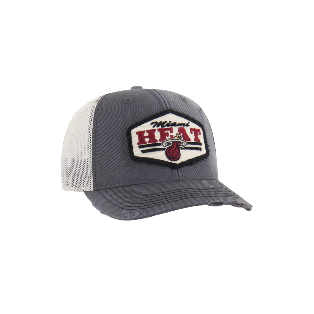 The '47 Brand Miami HEAT Salvage Trucker Snapback features a gray and white mesh design, cotton front panel with Miami Heat logo patch, comfortable polyester back, and adjustable snapback for a one-size-fits-most fit.