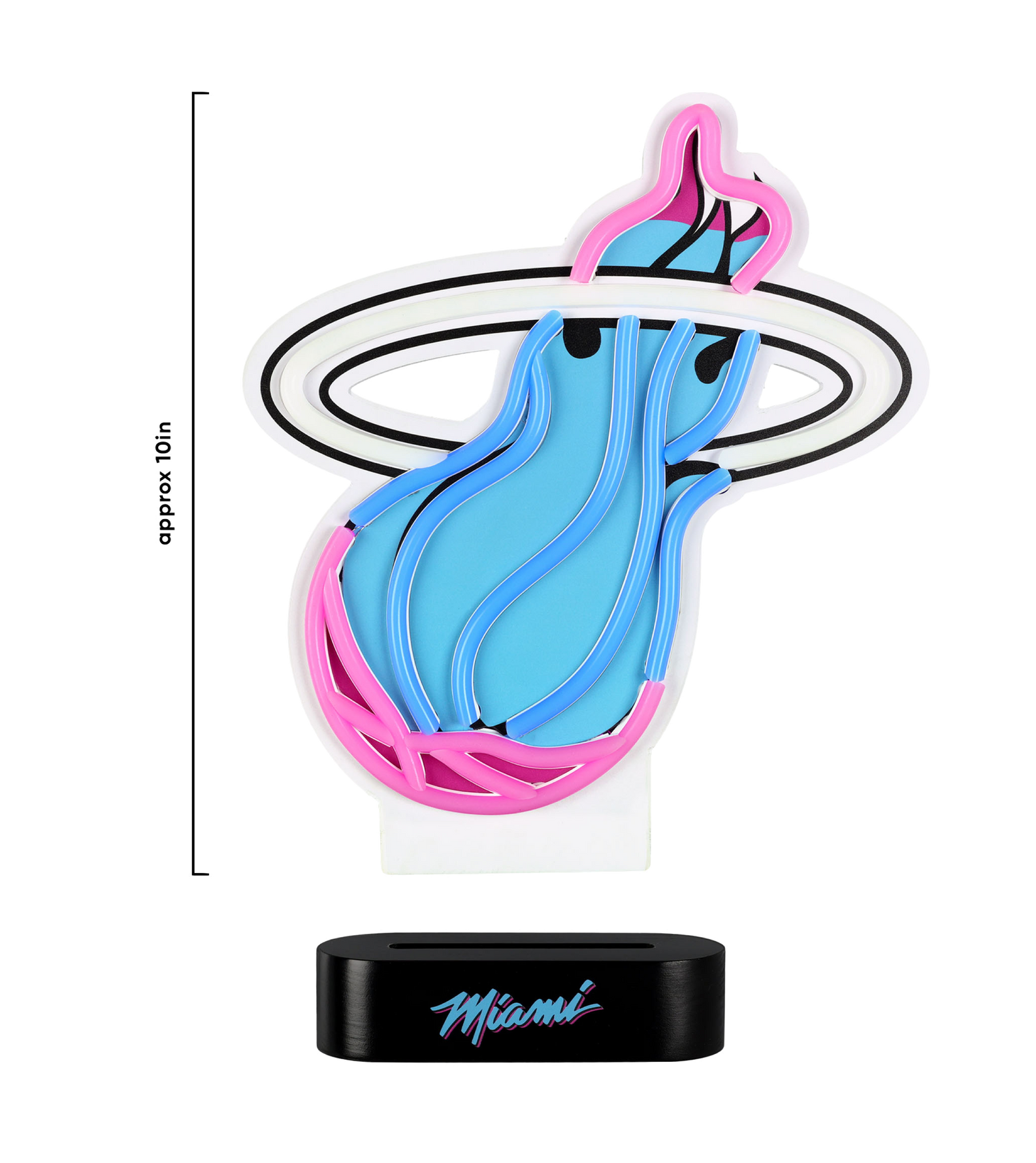 The Miami HEAT Original Vice Table Top Neon Sign by Forever Collectibles is a pink and blue flaming basketball LED acrylic sign on a black base with 