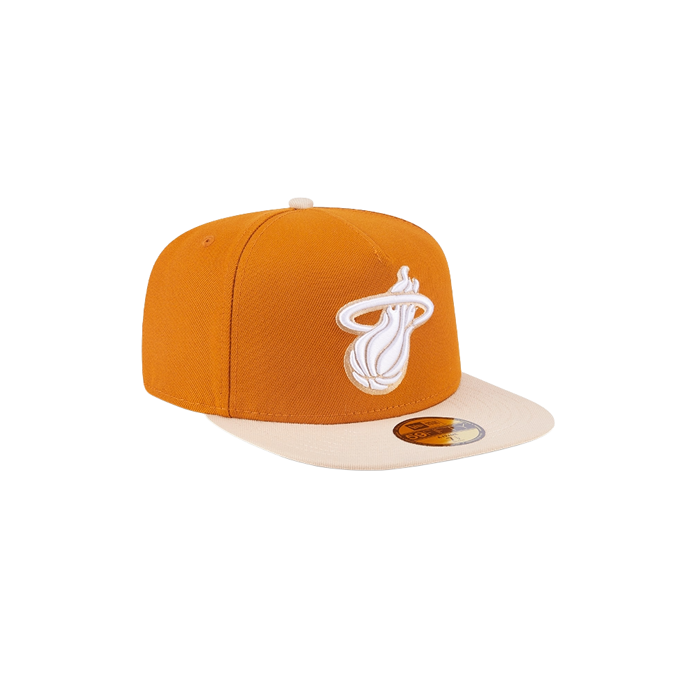 Miami HEAT brown fitted cap with white logo and beige flat brim, New Era style. - New Era Miami HEAT Brown 2-Tone Fitted Hat
