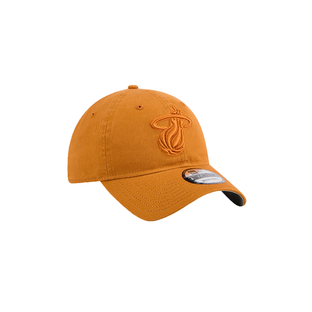 Tan New Era dad hat with embroidered Miami HEAT logo and adjustable back strap. - New Era Miami HEAT Adjustable Tan Dad Hat