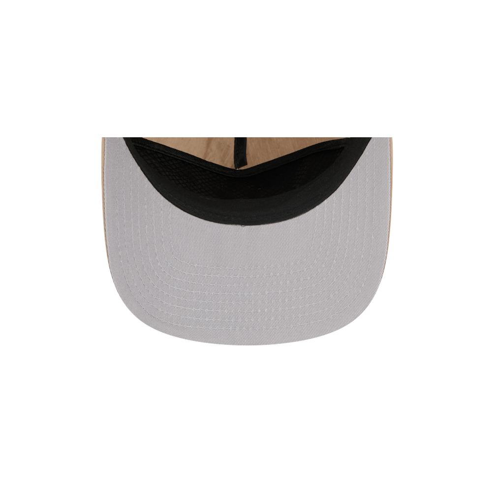 A top view of the New Era Miami HEAT Nylon Tan Snapback by New Era, showing its light gray cotton-nylon material, black inner band, stitched visor detail, all set against a plain white background.