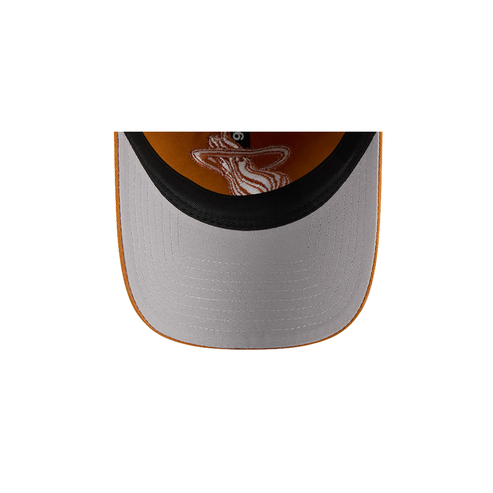 Tan New Era dad hat with black brim edge and embroidered white Miami HEAT logo inside the cap. - New Era Miami HEAT Adjustable Tan Dad Hat