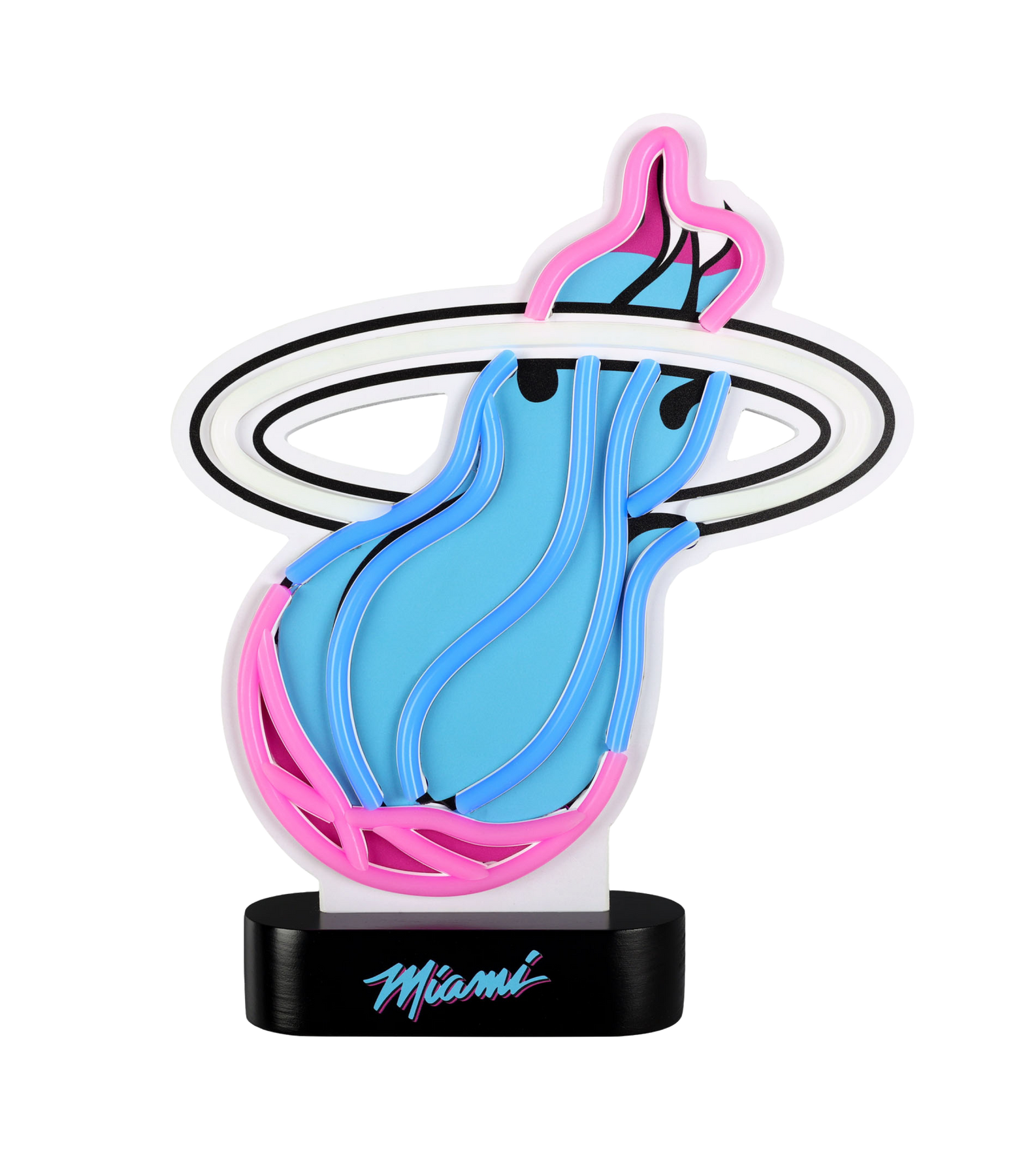 The Miami HEAT Original Vice Table Top Neon Sign by Forever Collectibles features a blue and pink flame with a black ring on a black base, 
