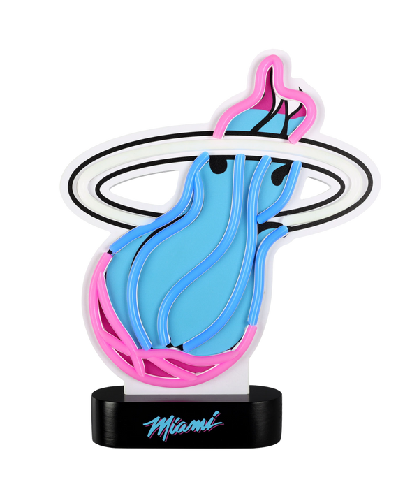 The Miami HEAT Original Vice Table Top Neon Sign by Forever Collectibles features a blue and pink flame with a black ring on a black base, 