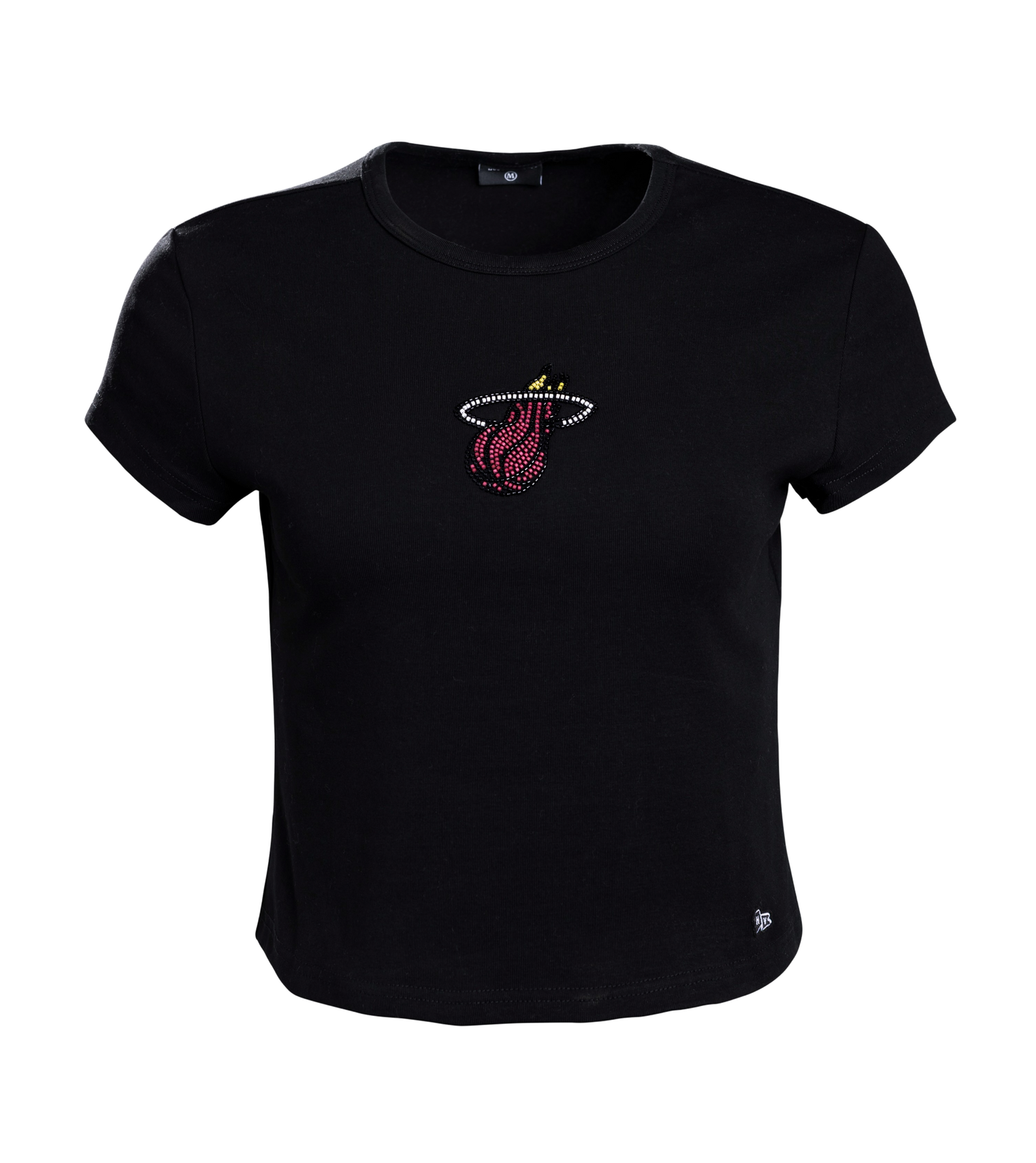 The Court Culture x Hype and Vice Beaded Logo Baby Tee by Court Culture is a black, short-sleeve cotton cropped t-shirt featuring a small Miami Heat flaming basketball logo crafted from red, yellow, and white rhinestones on the chest. Displayed on a plain white background, this machine washable top blends comfort and style for any fan.