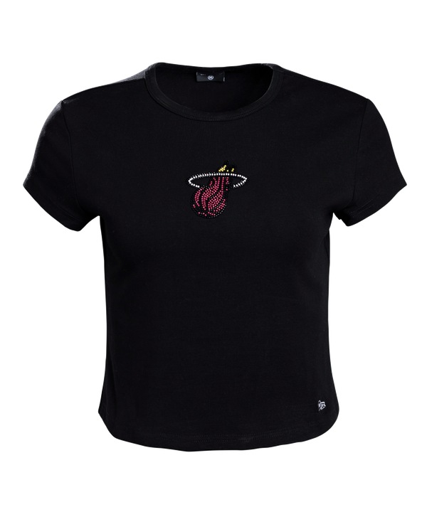 The Court Culture x Hype and Vice Beaded Logo Baby Tee by Court Culture is a black, short-sleeve cotton cropped t-shirt featuring a small Miami Heat flaming basketball logo crafted from red, yellow, and white rhinestones on the chest. Displayed on a plain white background, this machine washable top blends comfort and style for any fan.