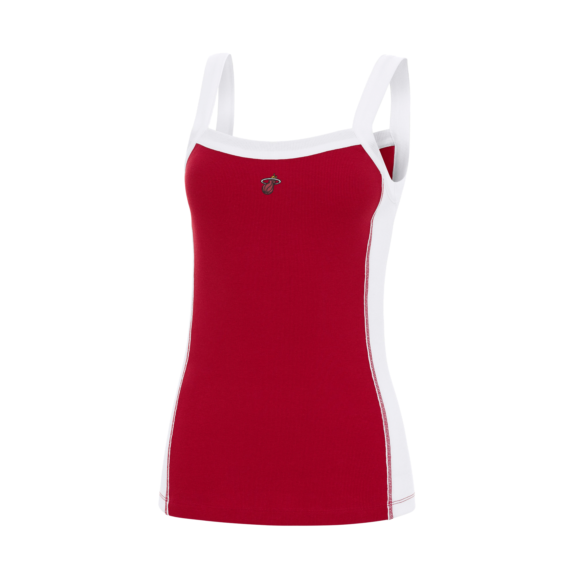 The Antigua Miami HEAT Women's Logo Tank Top by Antigua is a sleeveless red tank with white side panels and straps, made from a soft cotton-polyester-spandex blend, and features an embroidered chest emblem, shown on a plain white background.