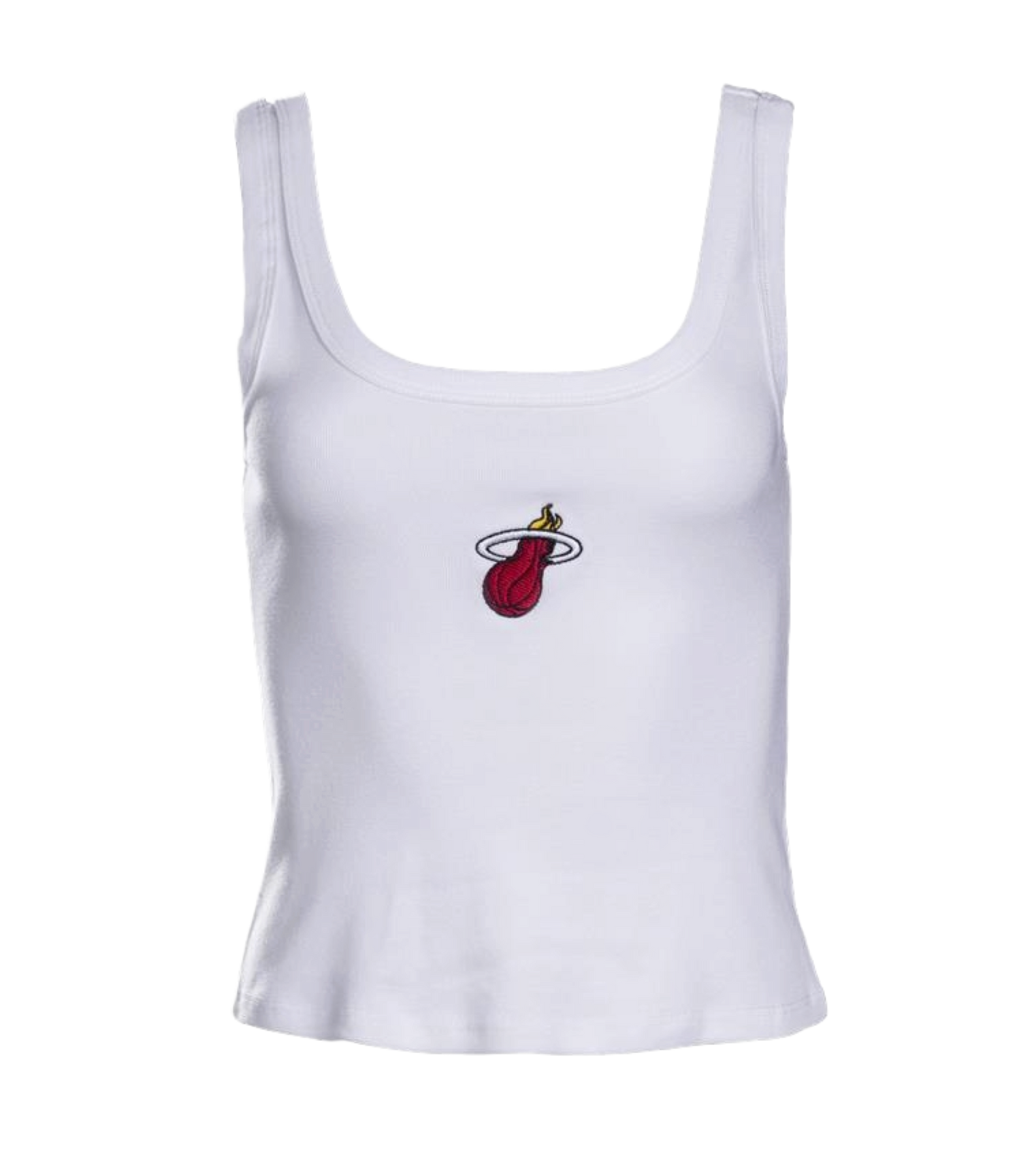 The Court Culture Embroidered Logo Tank by Court Culture is a standard fit white tank top with wide straps and a small embroidered Miami Heat logo on the chest. Made from soft, machine-washable fabric for comfort, shown on a plain white background.