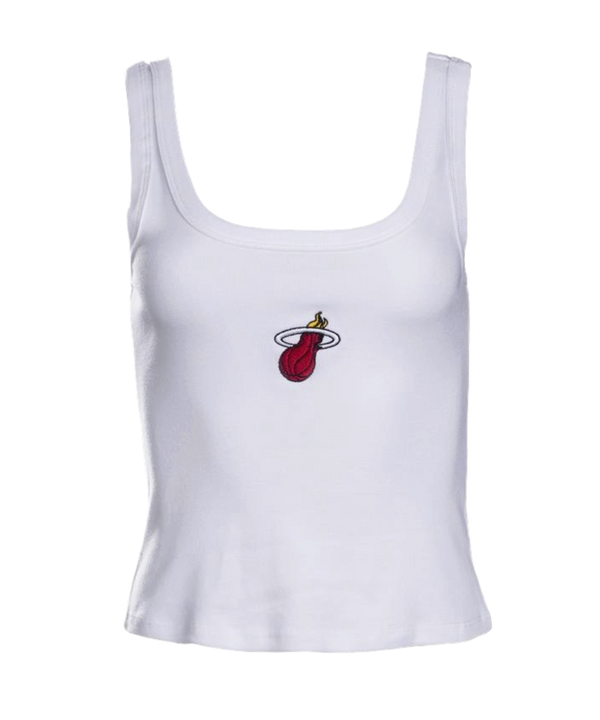 The Court Culture Embroidered Logo Tank by Court Culture is a standard fit white tank top with wide straps and a small embroidered Miami Heat logo on the chest. Made from soft, machine-washable fabric for comfort, shown on a plain white background.